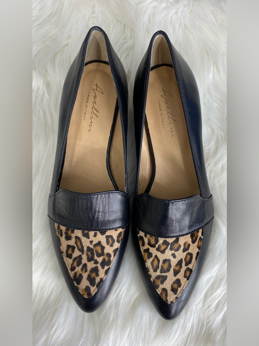 ‼️made Italy Anellini Black Leather Pointed Loafers with Leopard Print
